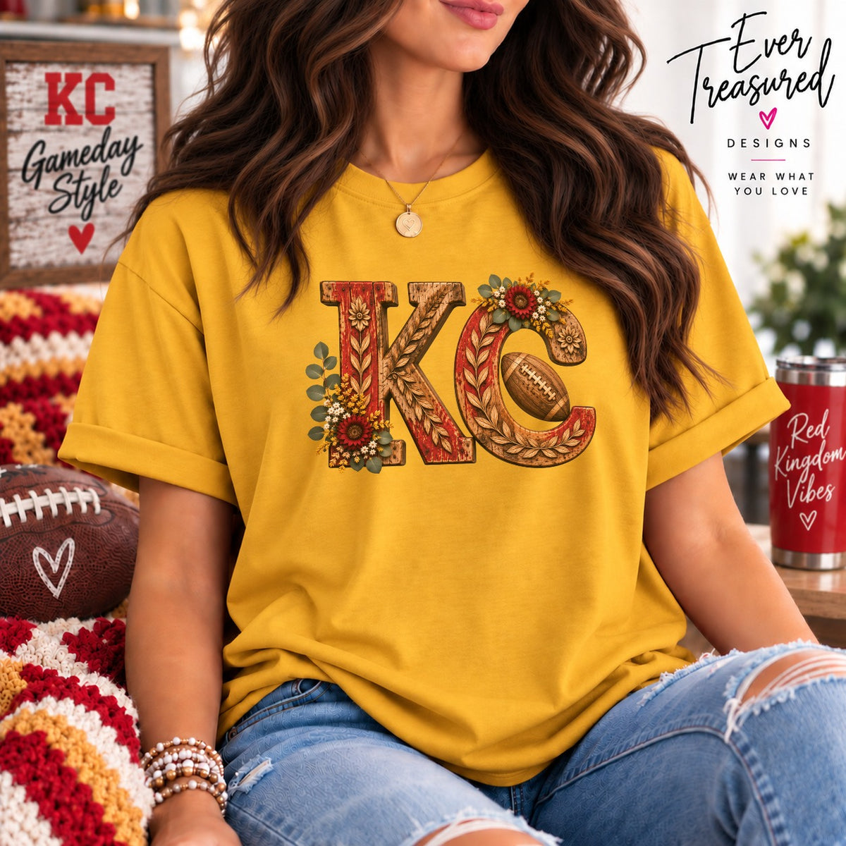 Gold t-shirt with distressed "KC" floral and football design.