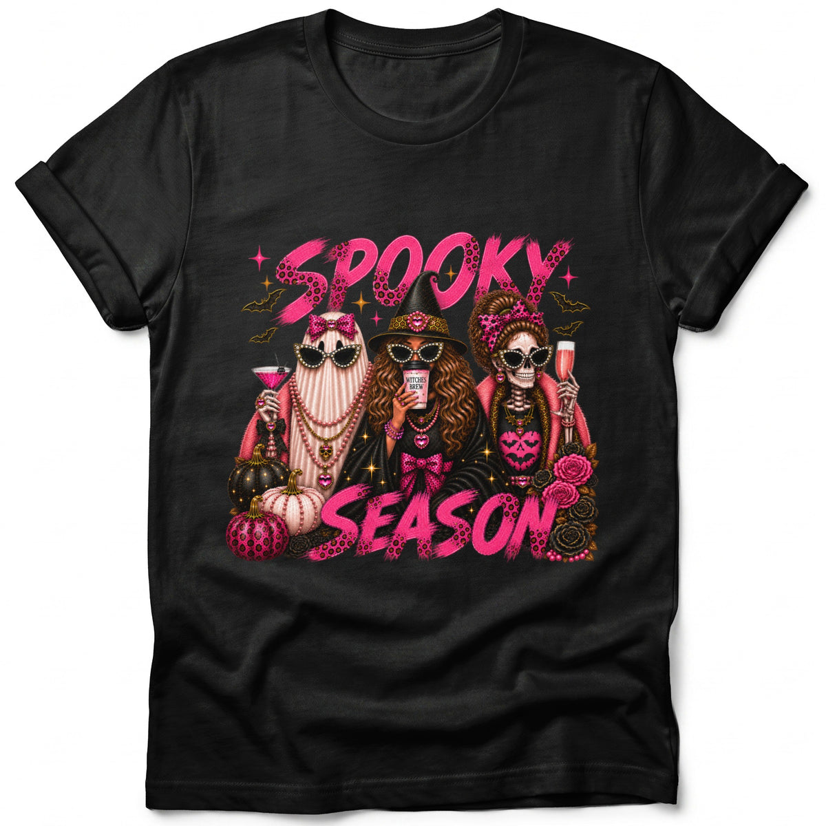 Spooky Season text with skeleton, ghost, and witch Halloween characters and pumpkins.