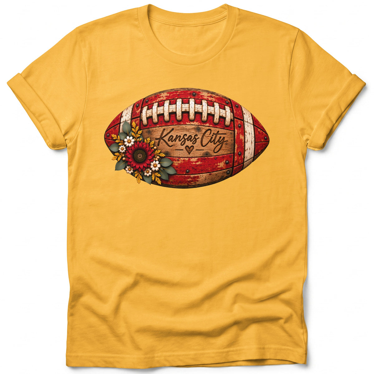 Yellow t-shirt with a vintage football design featuring "Kansas City" text and flowers.