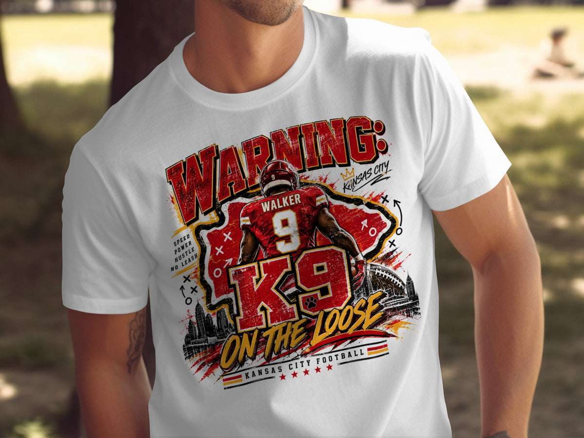 Kansas City football shirt with player number 9, "Walker," and "K9 On The Loose" graphic.