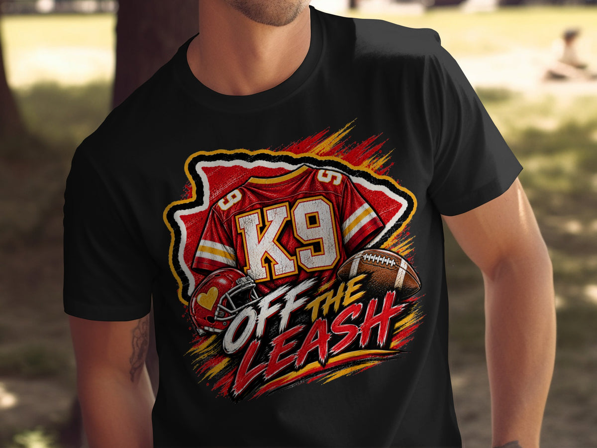 Black t-shirt graphic featuring football helmet, jersey with "K9", and football, with text "OFF THE LEASH".
