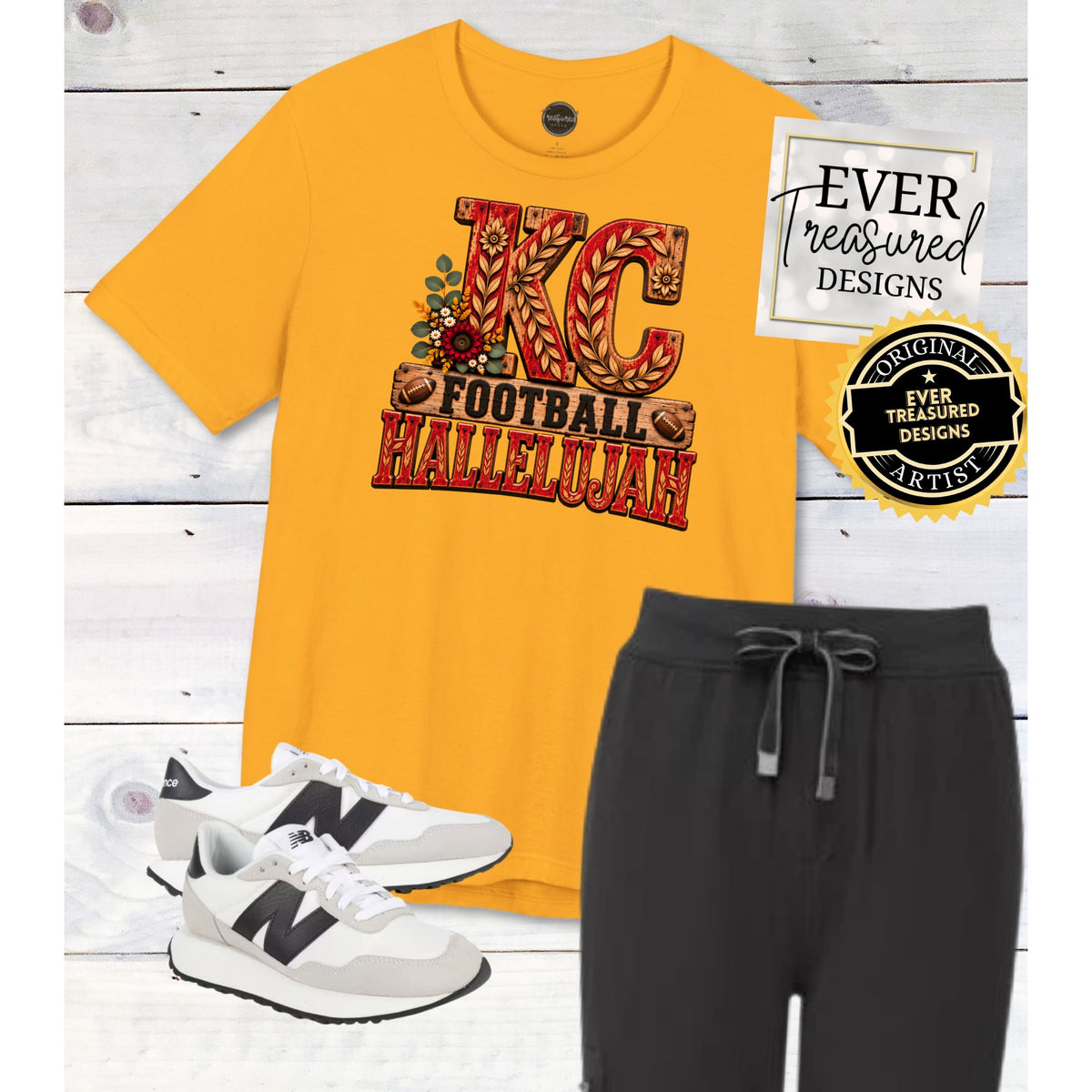Yellow t-shirt with "KC FOOTBALL HALLELUJAH" graphic, dark joggers, and white sneakers.