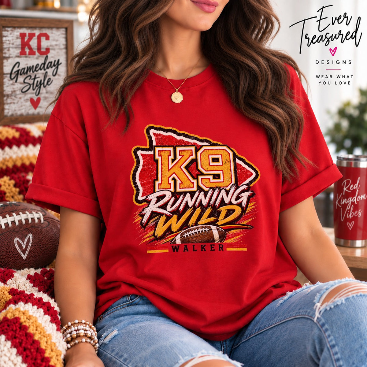 Red t-shirt with "K9 Running Wild" text and football graphic.