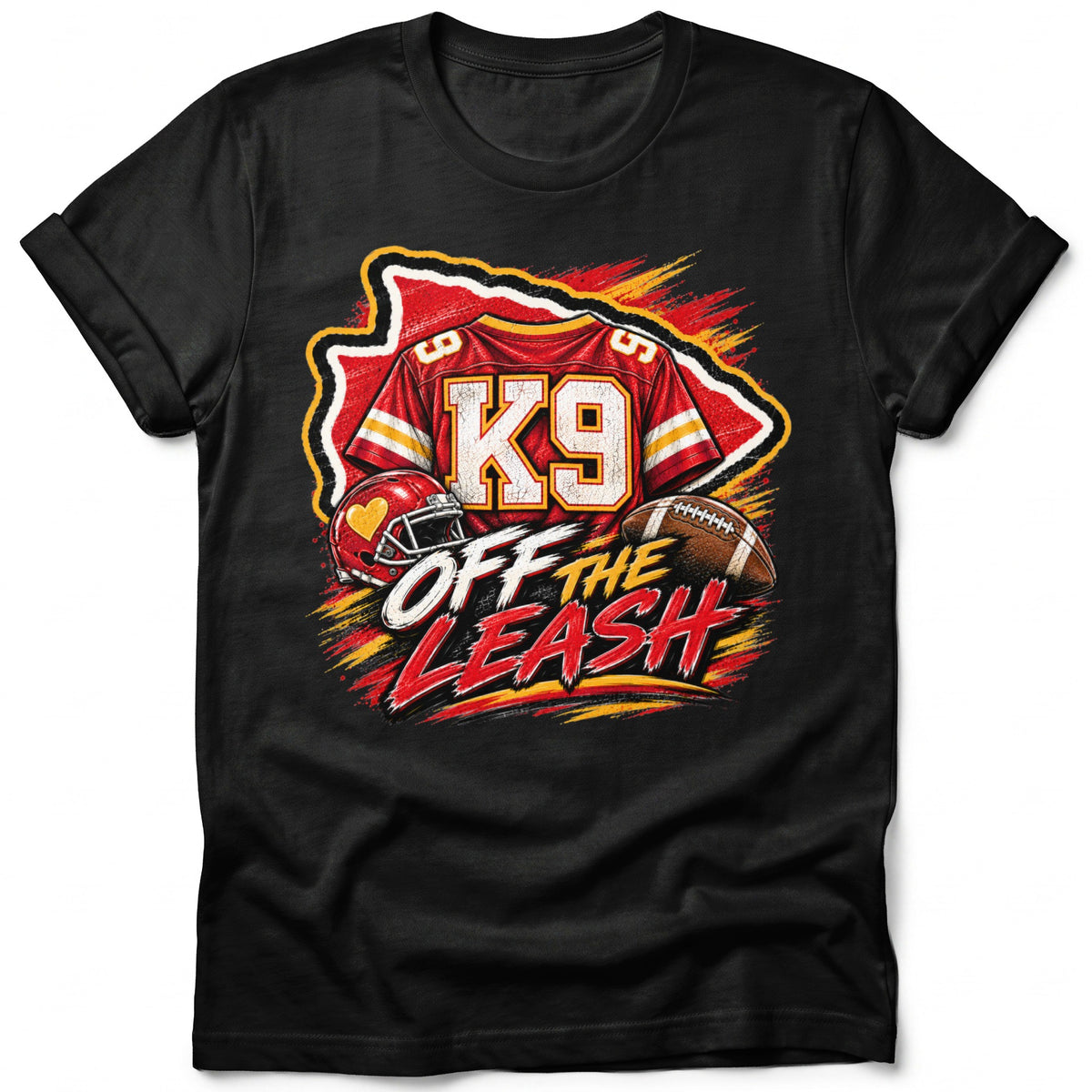 Black t-shirt with a football jersey, helmet, and ball graphic that reads "K9 Off The Leash".