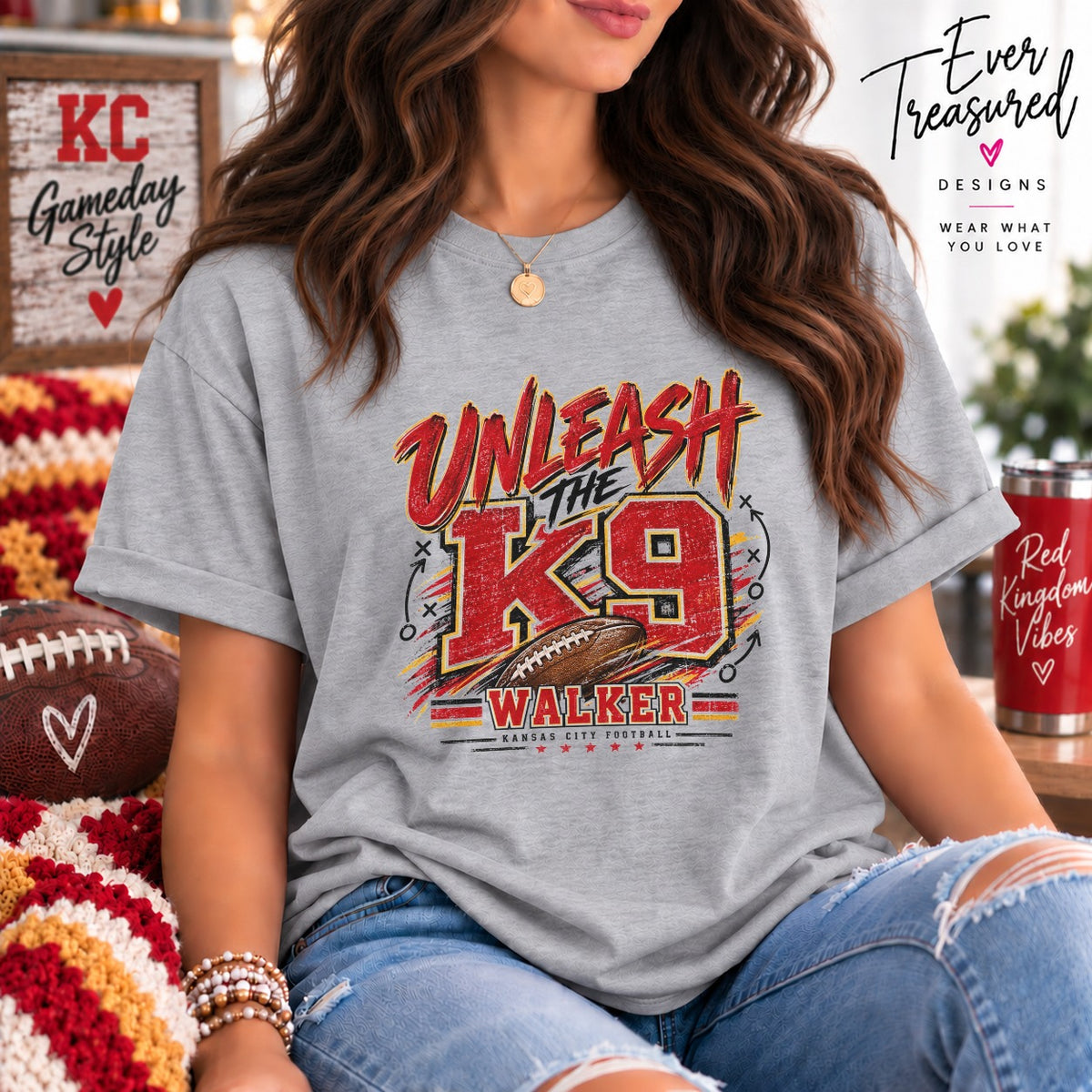 Grey t-shirt with "Unleash The K9 Walker Kansas City Football" graphic.