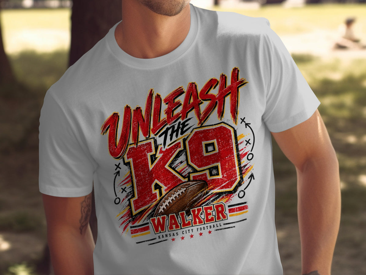 T-shirt graphic with "Unleash the K9 Walker Kansas City Football" and a football.