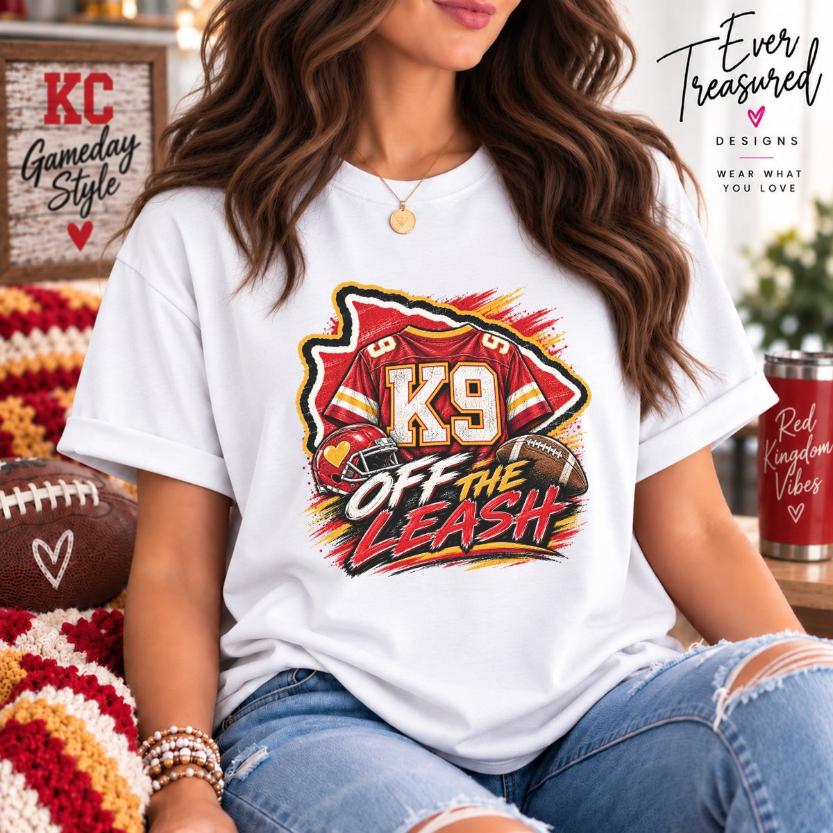 White t-shirt with red and yellow "K9 Off The Leash" football graphic.