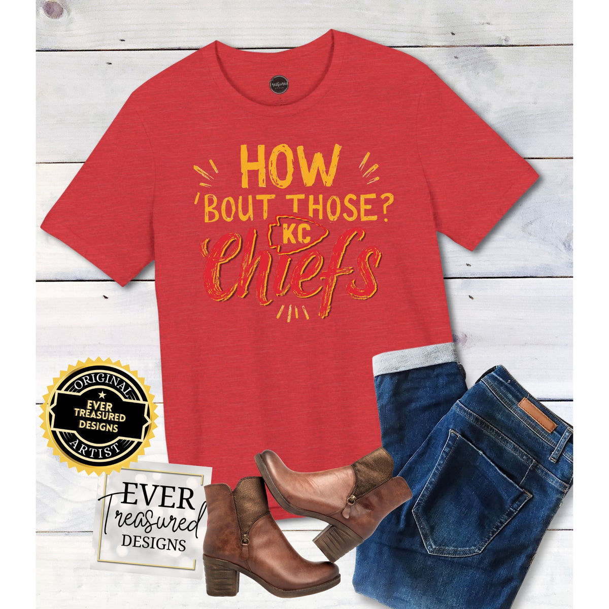 Red t-shirt with "How 'Bout Those? KC Chiefs" graphic and accessories.