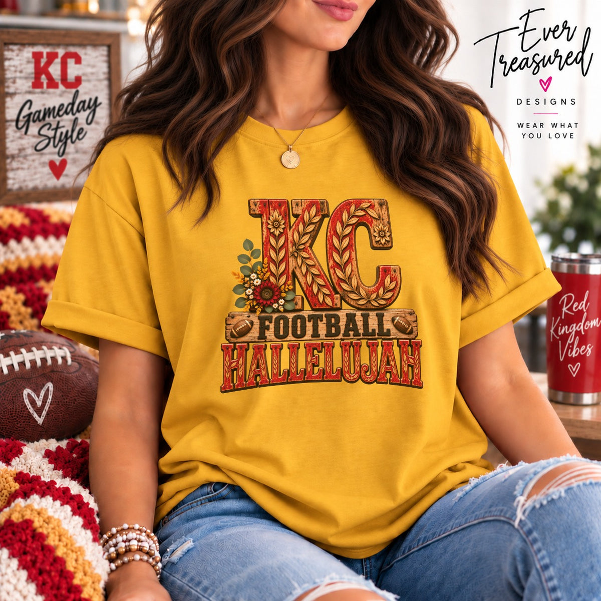 Yellow t-shirt with "KC Football Hallelujah" graphic and floral accents.