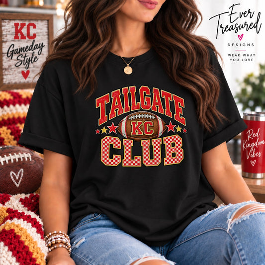 Black t-shirt with "Tailgate Club" and football graphic.