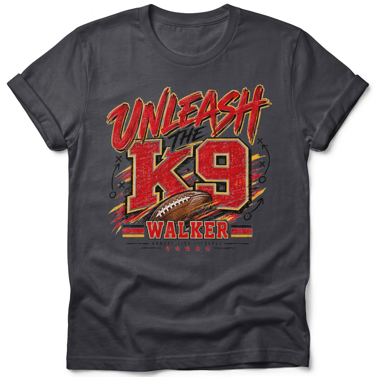 Dark grey t-shirt with "Unleash The K9 Walker Kansas City Football" graphic.