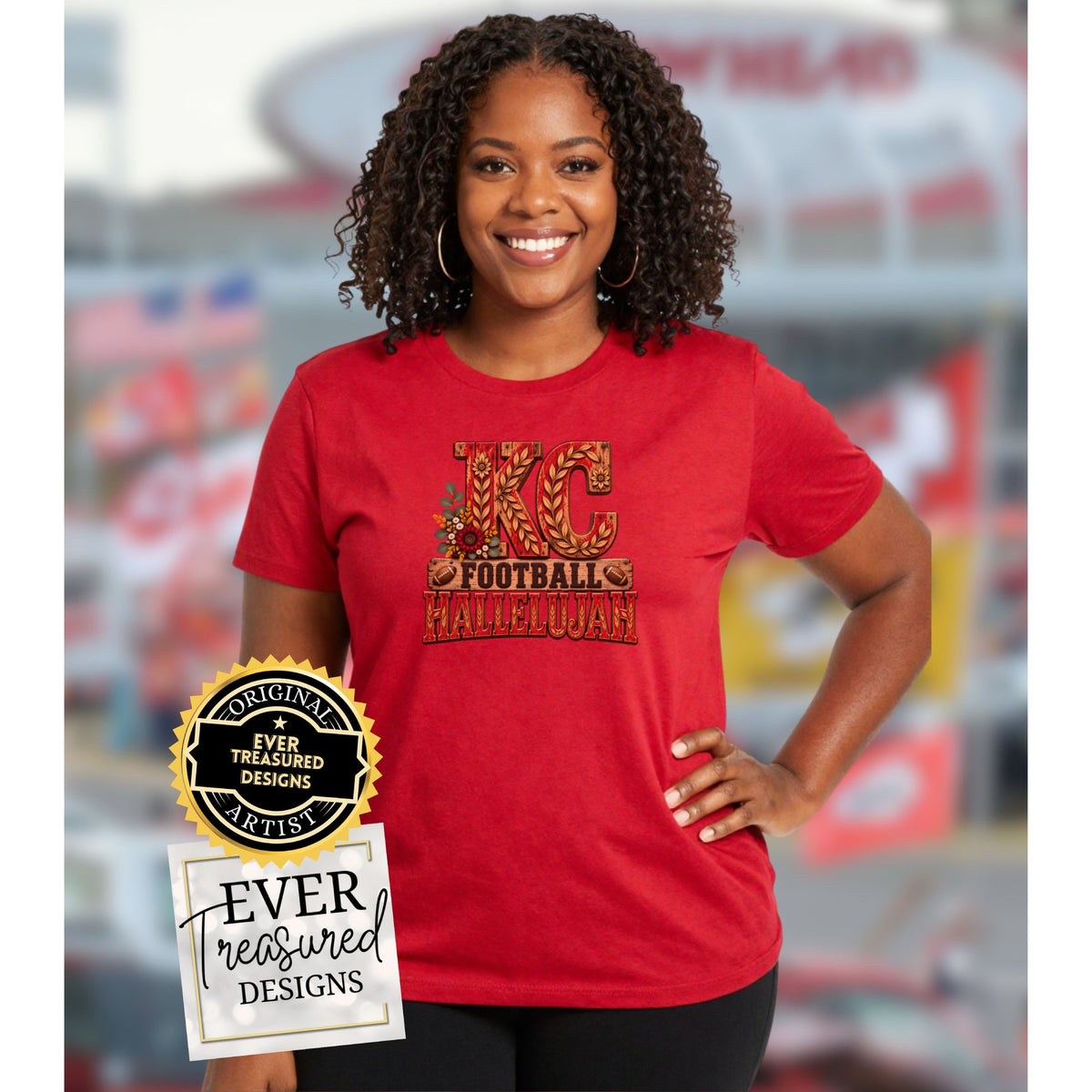 Woman wearing red t-shirt with "KC FOOTBALL HALLELUJAH" graphic.