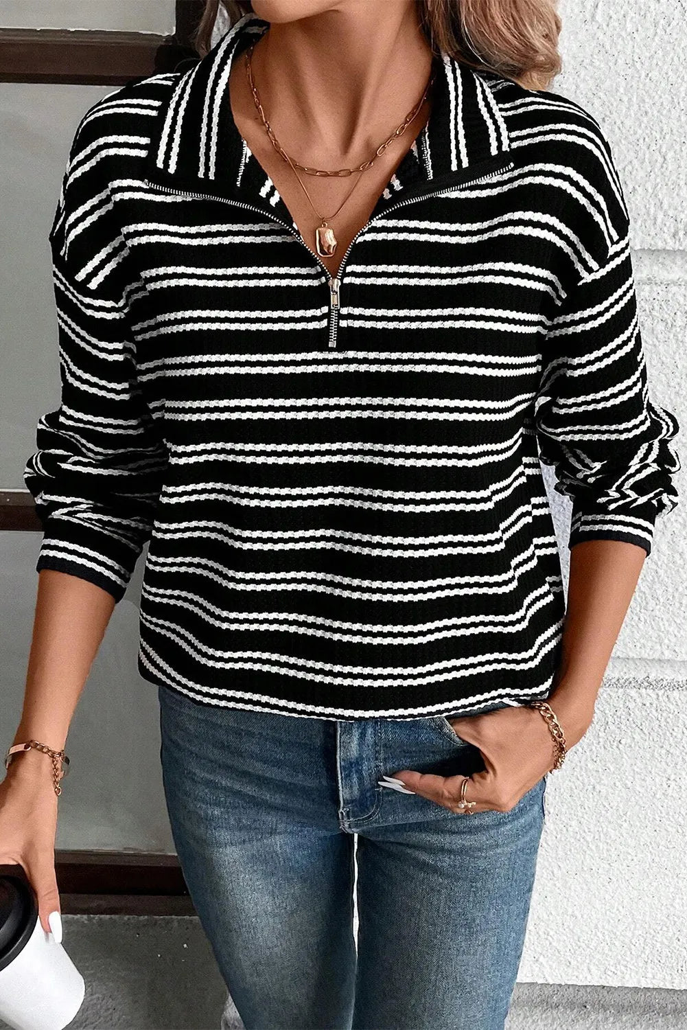 Striped Half Zip Long Sleeve Pullover