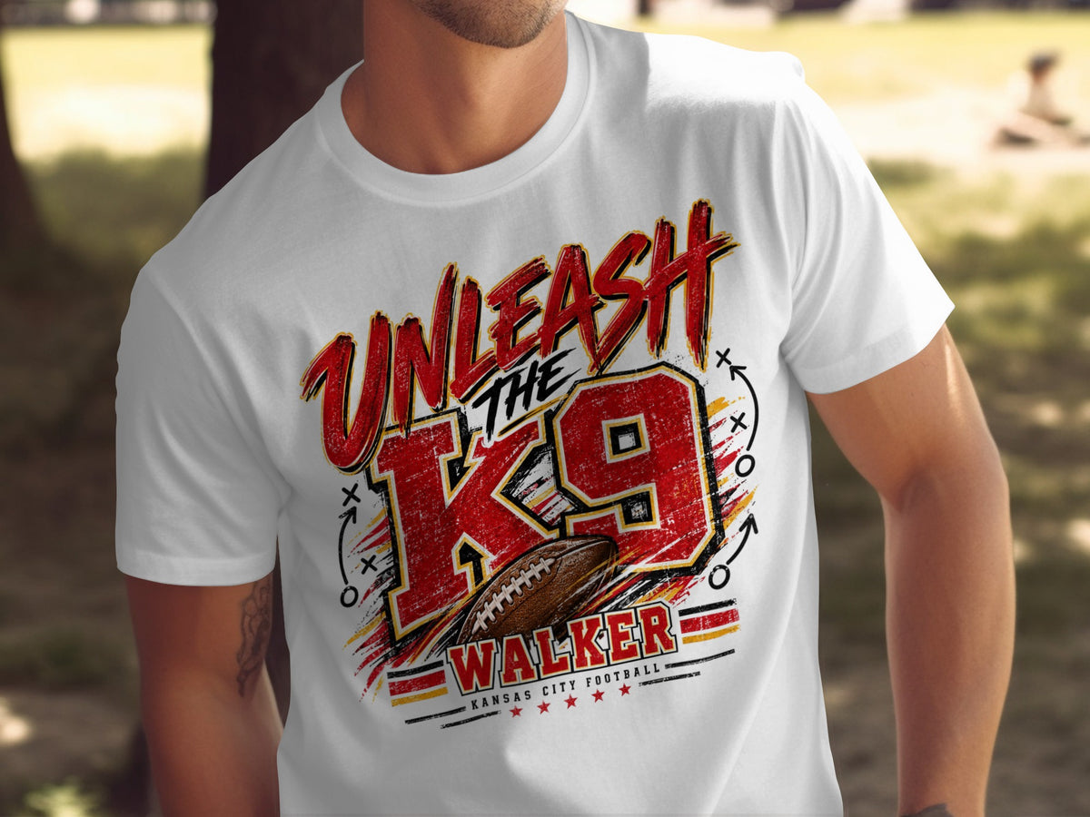 White t-shirt with "Unleash the K9 Walker Kansas City Football" graphic.
