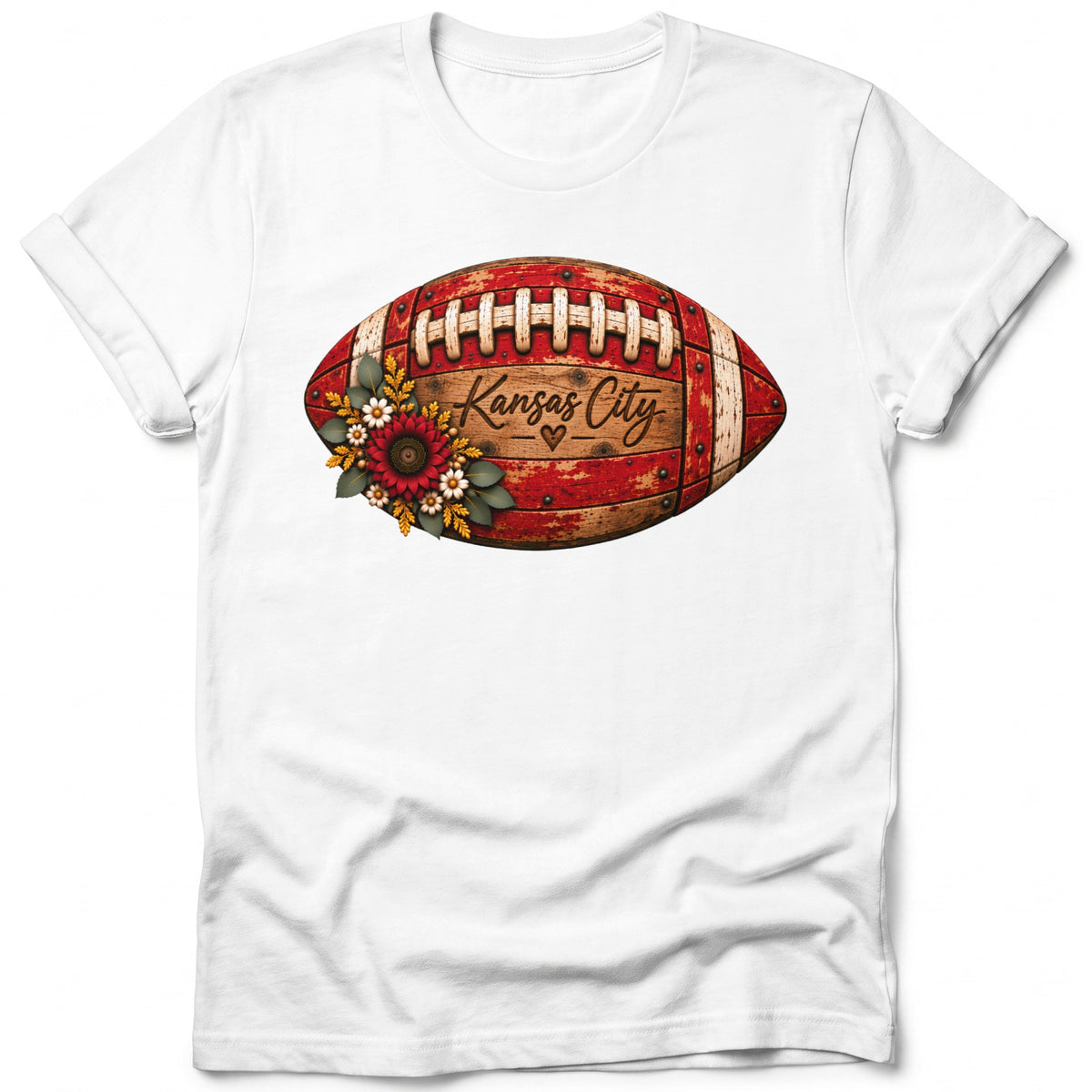 White t-shirt with a distressed football graphic featuring "Kansas City" text.