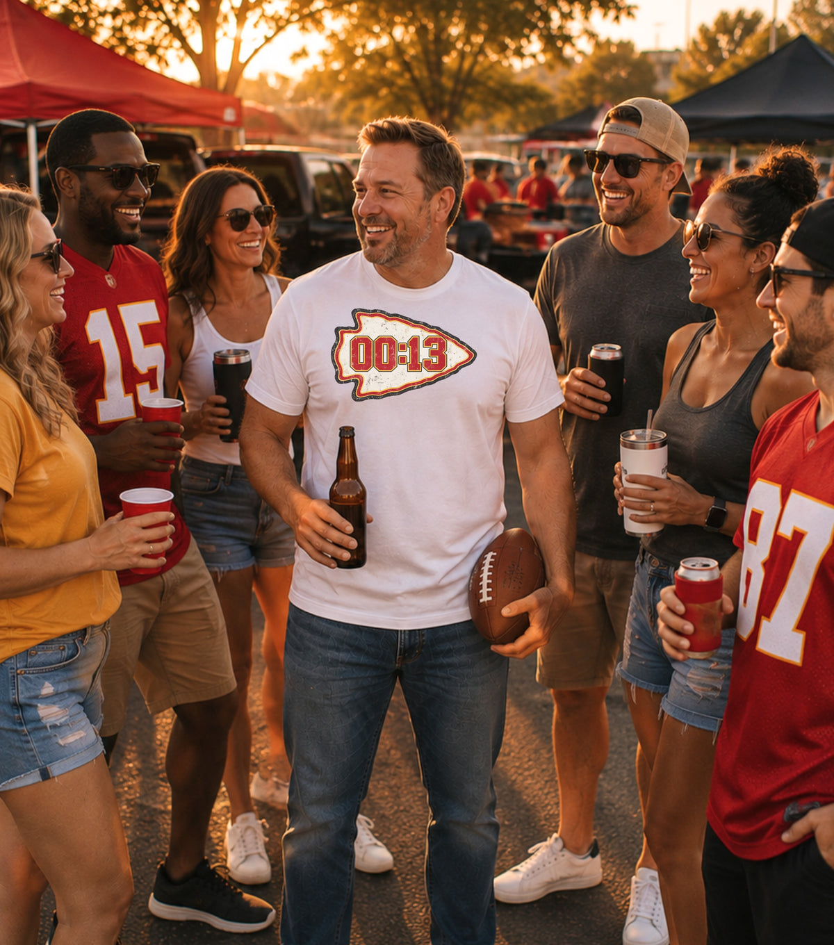 Group of friends in casual clothing and sports jerseys, one holding a football.