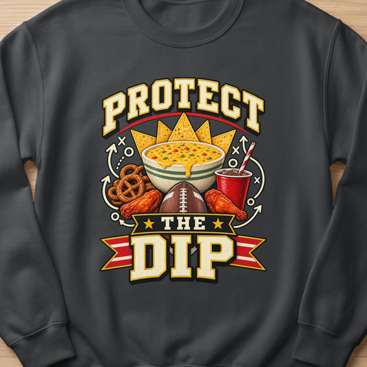 Protect the dip graphic with cheese dip, nachos, pretzels, wings, football, and drink.