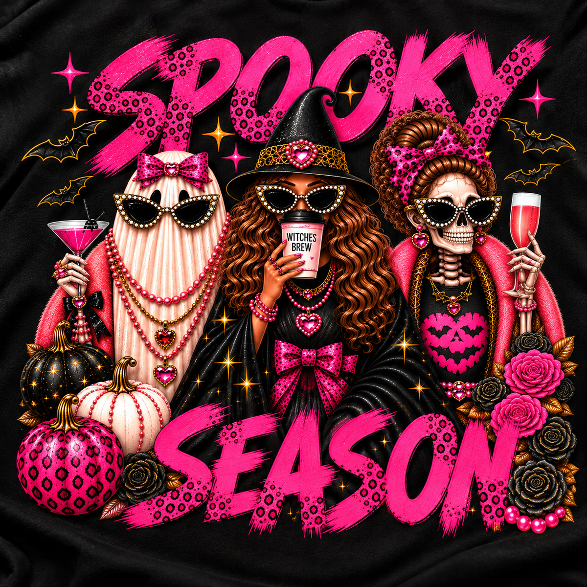 Close-up of Glam Spooky Season graphic featuring pink leopard lettering, glamorous ghost, witch, skeleton and Halloween details