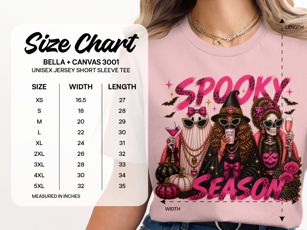 Glam Spooky Season Bella Canvas 3001 unisex t-shirt size chart, XS to 5XL, width and length in inches