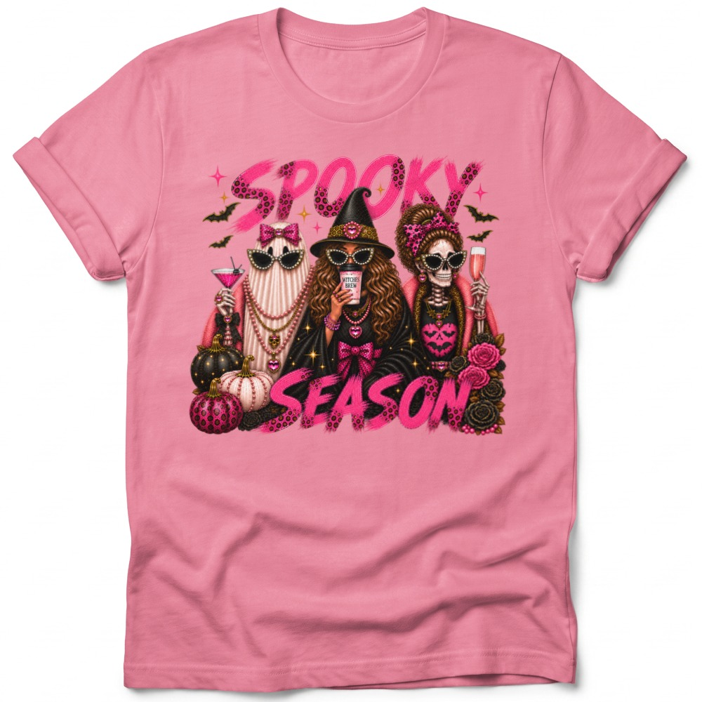 Glam Spooky Season graphic tee — Pink (bright pink mockup; exact variant shade to confirm)