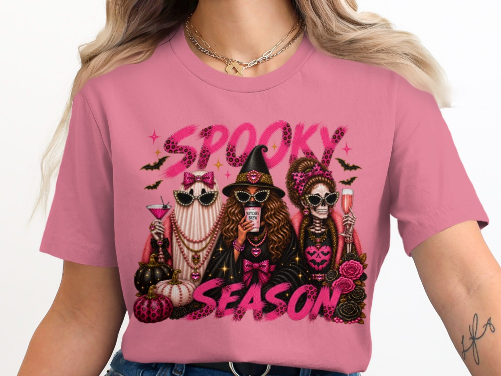Glam Spooky Season Halloween shirt modeled in rose pink