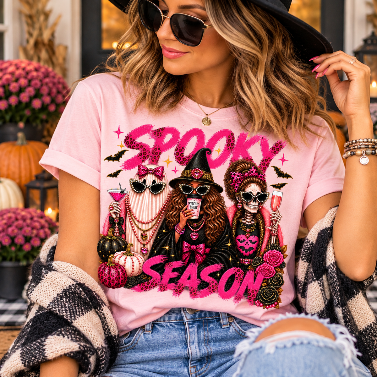 Glam Spooky Season Halloween graphic tee in soft pink, boutique fall lifestyle mockup