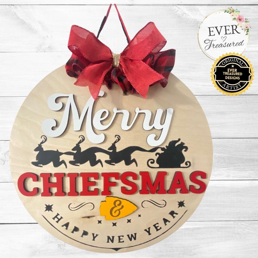 Kansas City Chiefs Merry Chiefsmas Happy New Year Football Door Hanger Sports Wreath | Hanging Front Door Christmas Sign | Round Porch Sign