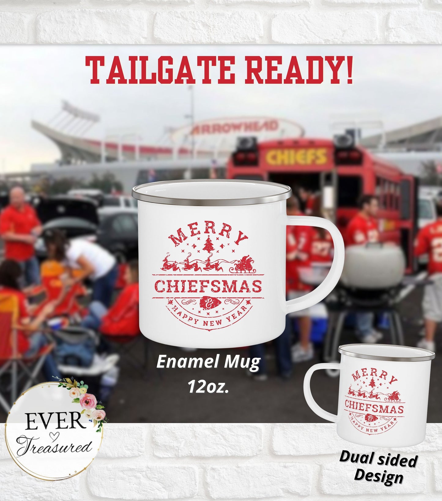 Merry Chiefsmas & Happy New Year Kansas City Chiefs Christmas Arrowhead Enamel Camping Mug 12 oz