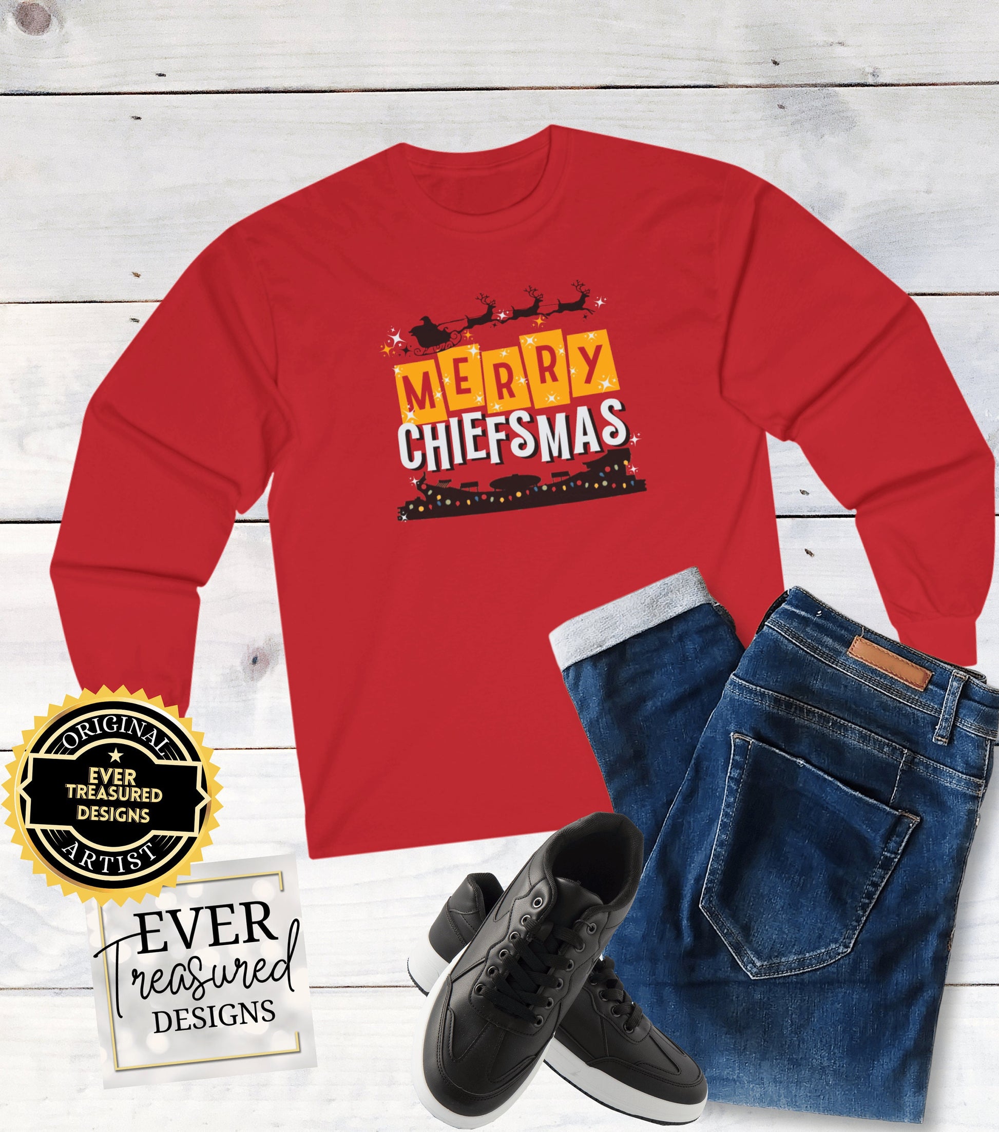Merry Chiefsmas Kansas City Chiefs Christmas Arrowhead Long Sleeve | KC Football Christmas Eve Santa Holiday Shirt
