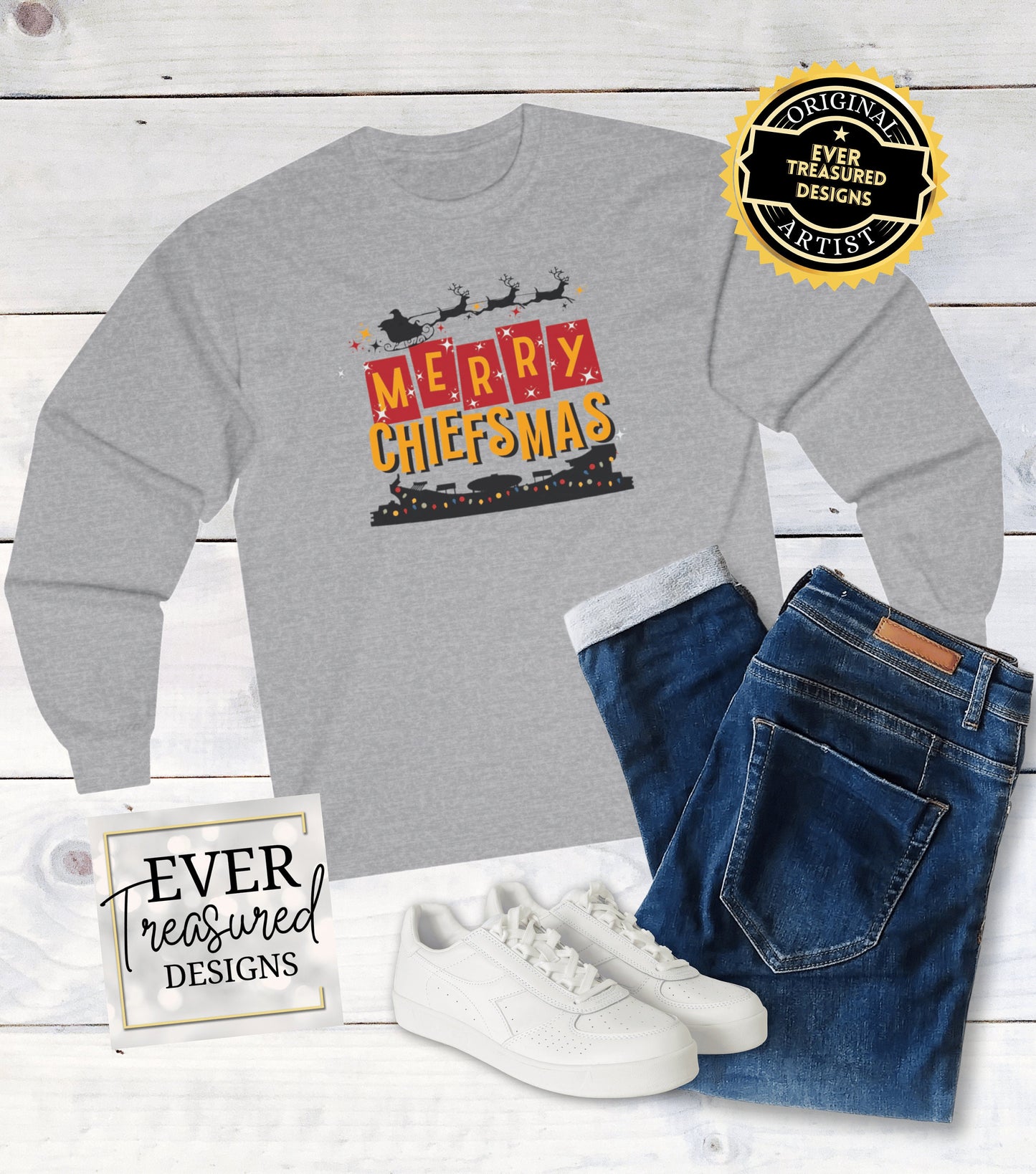 Merry Chiefsmas Kansas City Chiefs Christmas Arrowhead Long Sleeve | KC Football Christmas Eve Santa Holiday Shirt