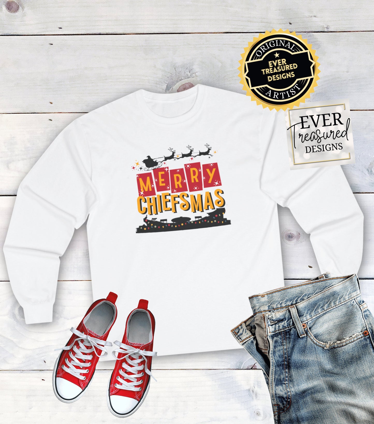 Merry Chiefsmas Kansas City Chiefs Christmas Arrowhead Long Sleeve | KC Football Christmas Eve Santa Holiday Shirt