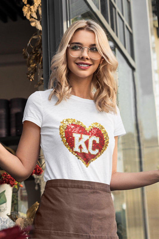 Love Kansas City Chiefs Football KC Heart Faux Sequin Graphic Tee, Red Kingdom Sports Fan Tshirt