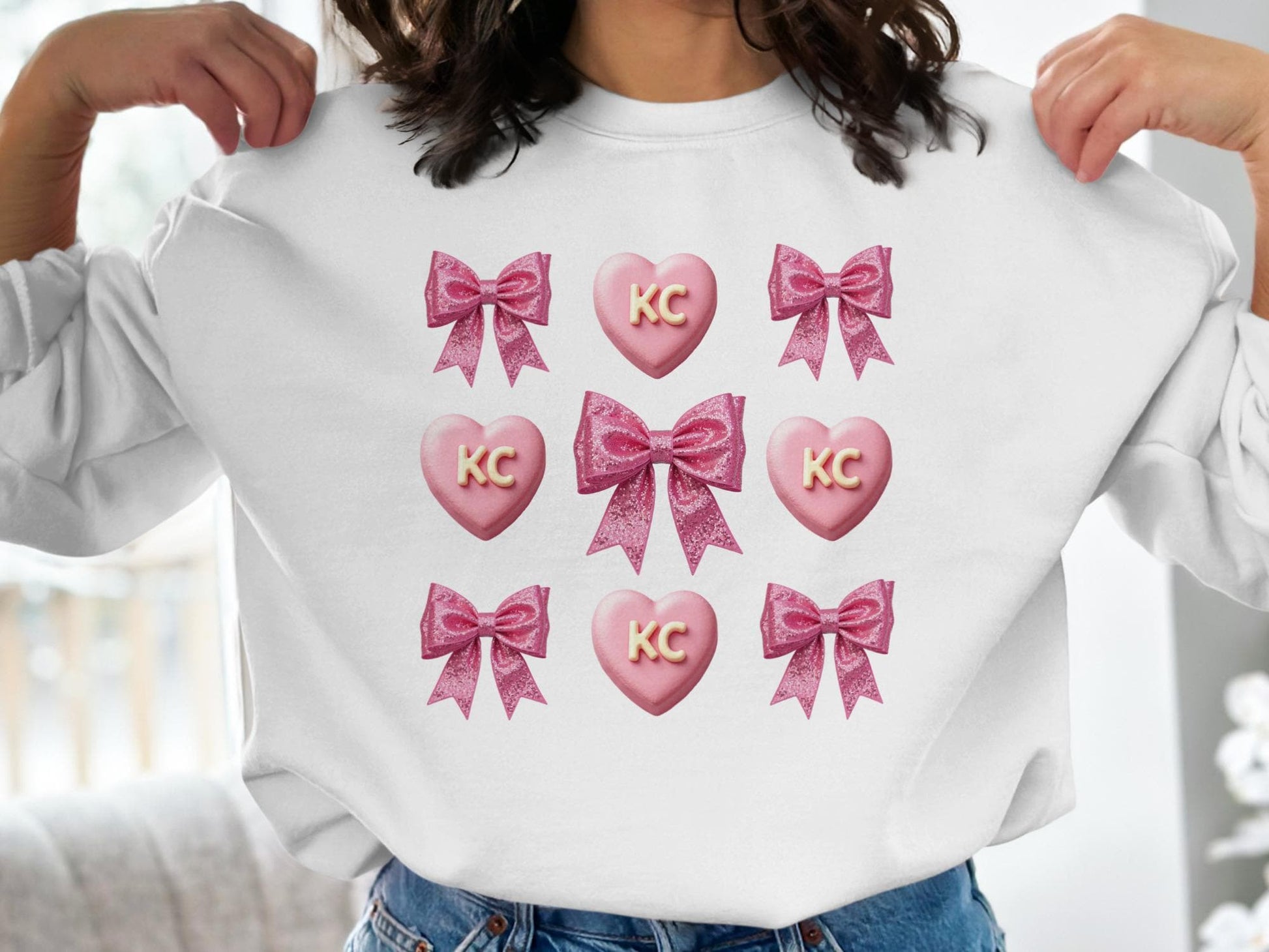 Pink Ribbon Heart Sweatshirt, Cute KC Heart Pullover, Cozy Bow Sweater, Adorable Heart and Bow Shirt, Trendy Pink Graphic Top