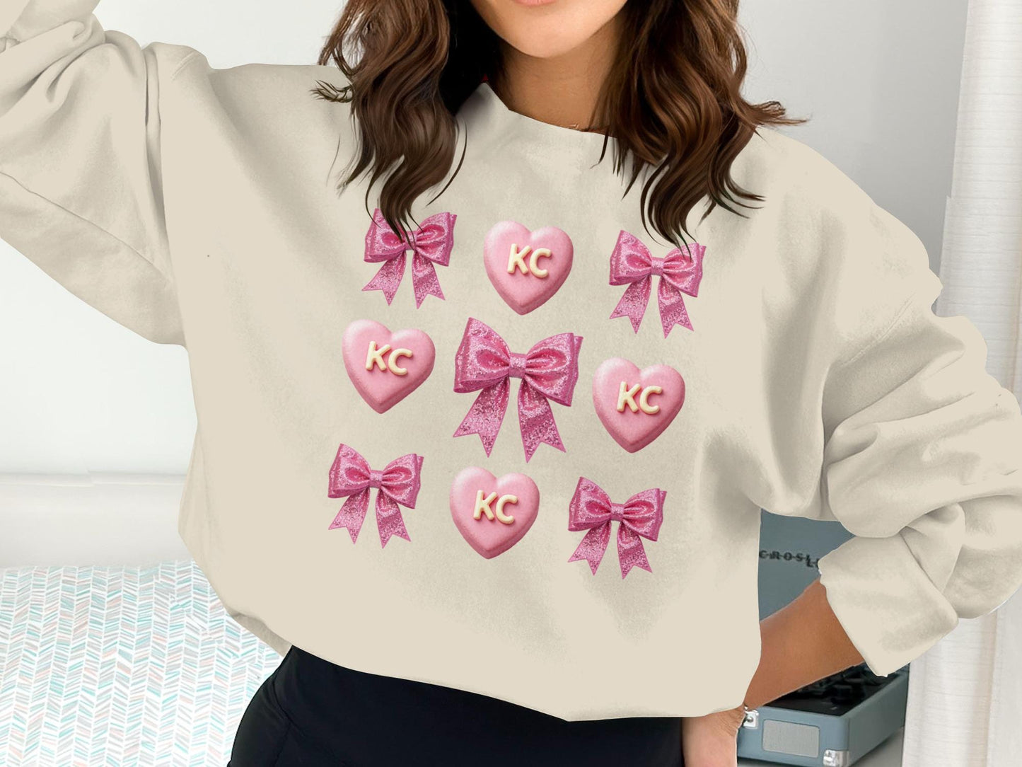 Cute Heart and Bow KC Sweatshirt, Aesthetic Love Themed Sweater, Trendy Casual Top, Cozy Graphic Pullover, Unique Design Apparel