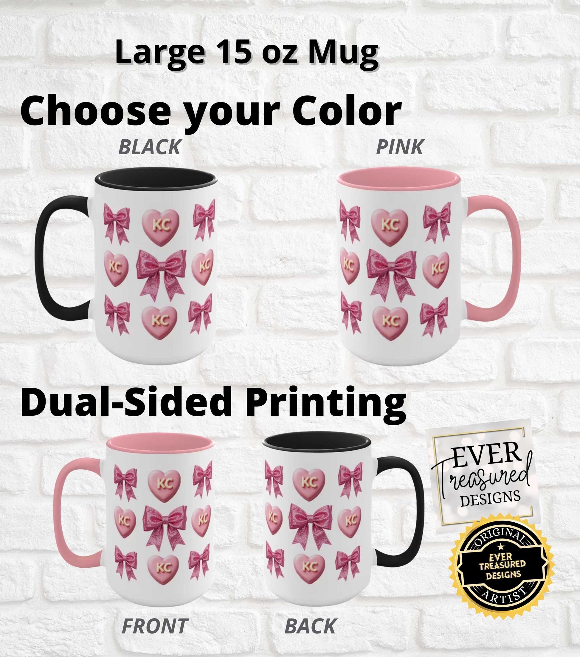 Large 15 oz Mug, Choose Your Color Black or Pink, KC Heart and Bow Design, Dual Sided Printing, Cute Coffee Cup Gift