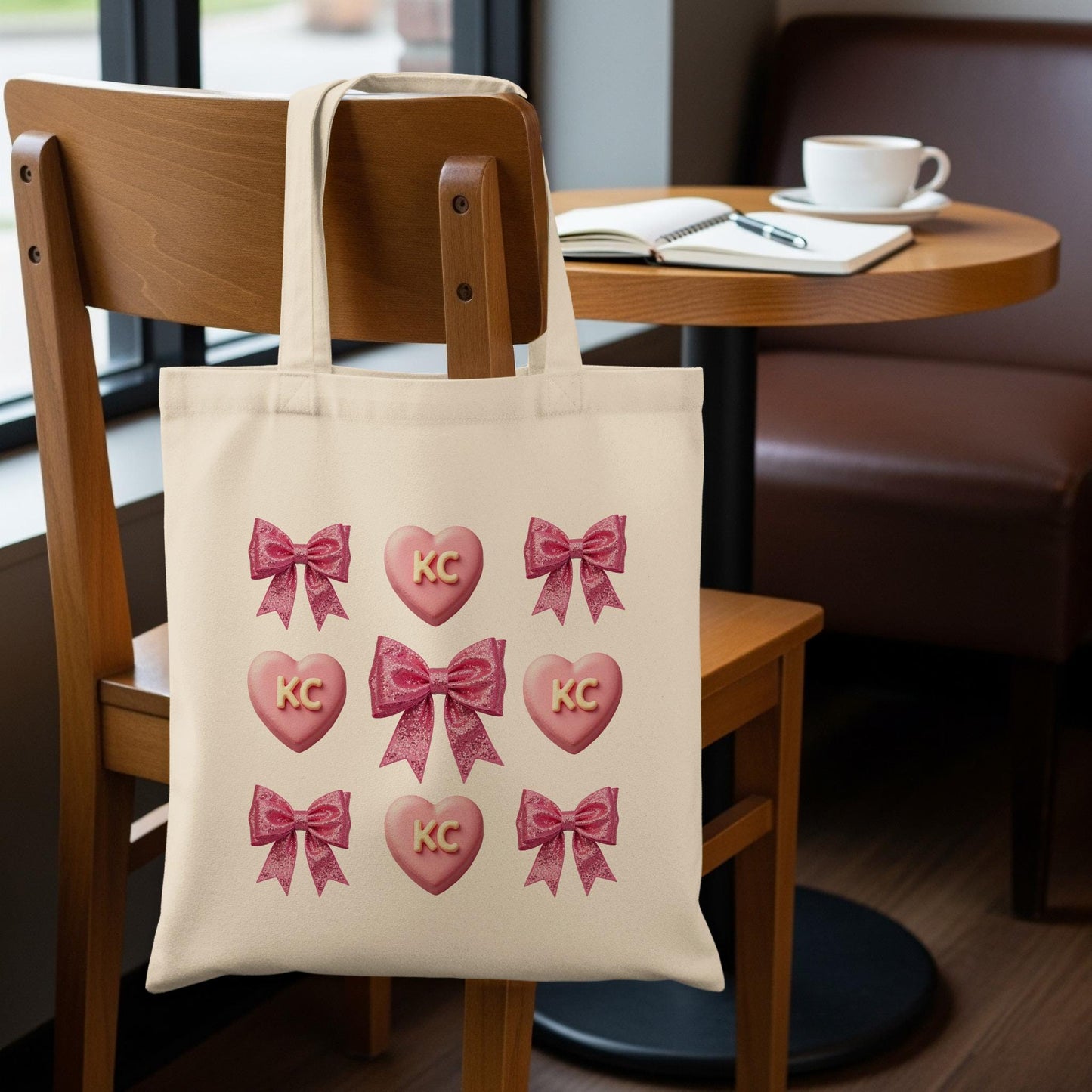 Cute Tote Bag with Pink Bows and Heart Design, KC Monogram, Reusable Grocery Bag, Eco Friendly Shopping Bag, Gift for Her