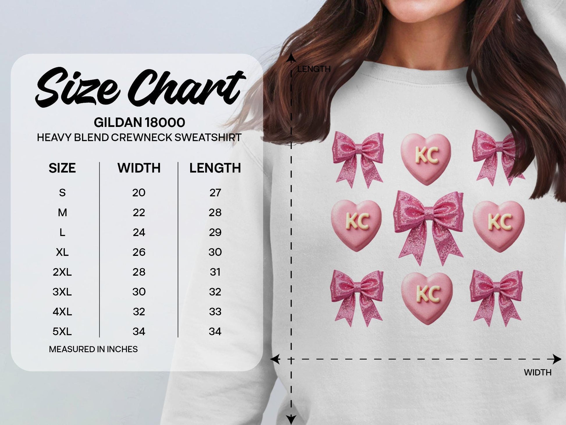Cute Pink Bow Heart Sweatshirt, KC Initials Crewneck, Trendy Cozy Pullover, Graphic Pink Hearts Design, Comfy Casual Top, Gift Idea
