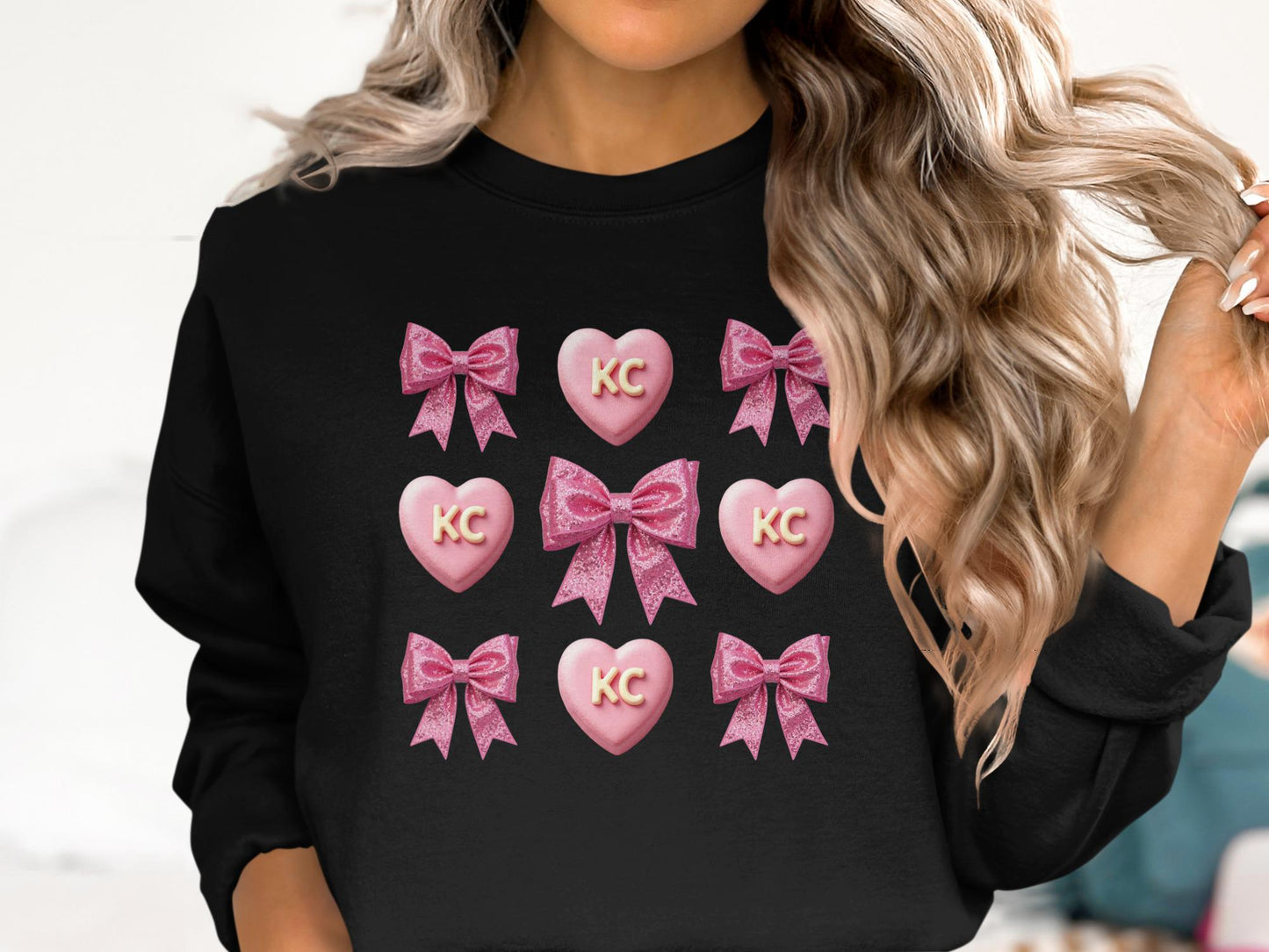 Cute Pink Bow Heart KC Sweatshirt, Cozy Black Pullover, Casual Graphic Top, Trendy Women Clothing, Soft Comfortable Outfit