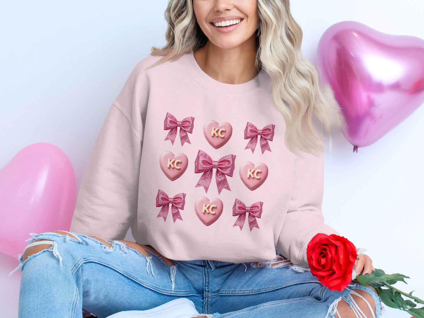 Cute Bow Heart Graphic Sweatshirt, Pink Valentine's Day Sweater, KC Heart Print Top, Romantic Love Theme Shirt, Gift for Her