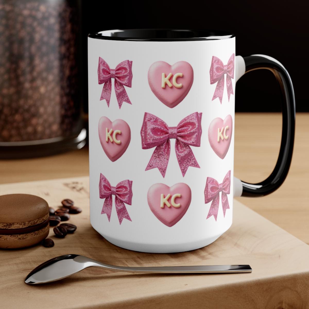 Cute KC Heart Bow Mug, Pink Bow and Heart KC Design Coffee Cup, Valentines Day Gift Idea, Perfect for Coffee Lovers Gift, Unique Mug