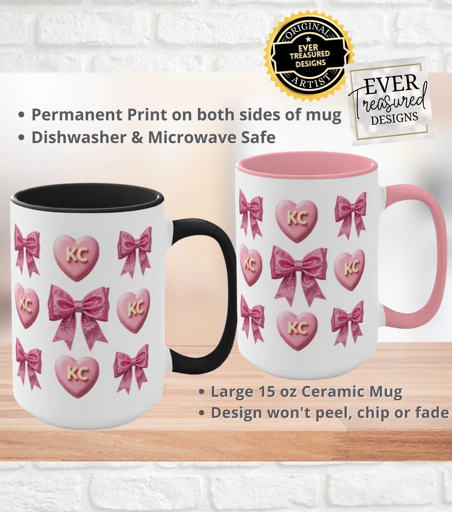 KC heart bow ceramic mug, dishwasher and microwave safe, large 15 oz coffee cup, cute pink and black handle design