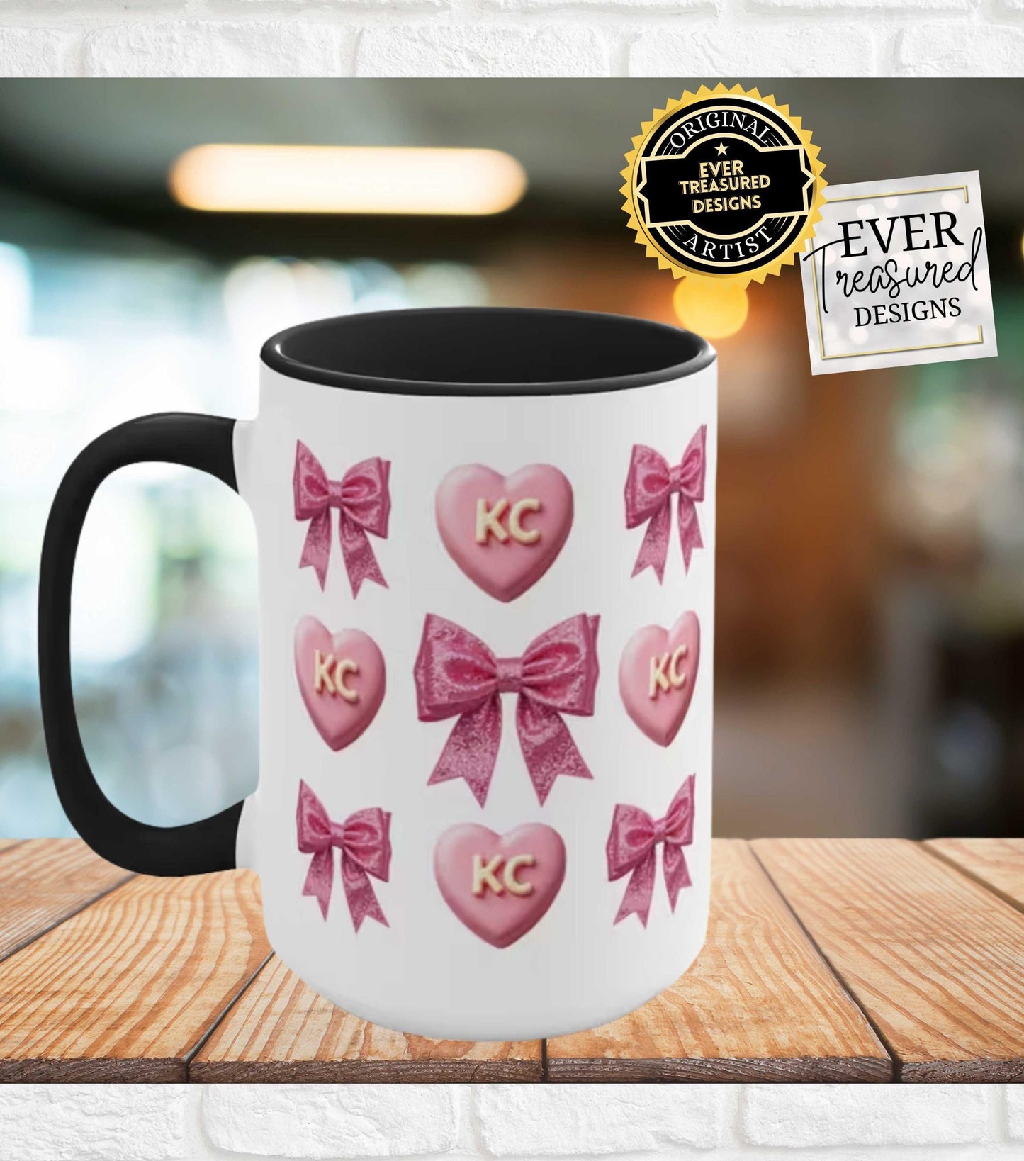 Pink Hearts and Bows Mug, KC Print Coffee Cup, Cute Girly Gift Idea, Valentines Day Present, Mug for Her, Unique Artistic Design