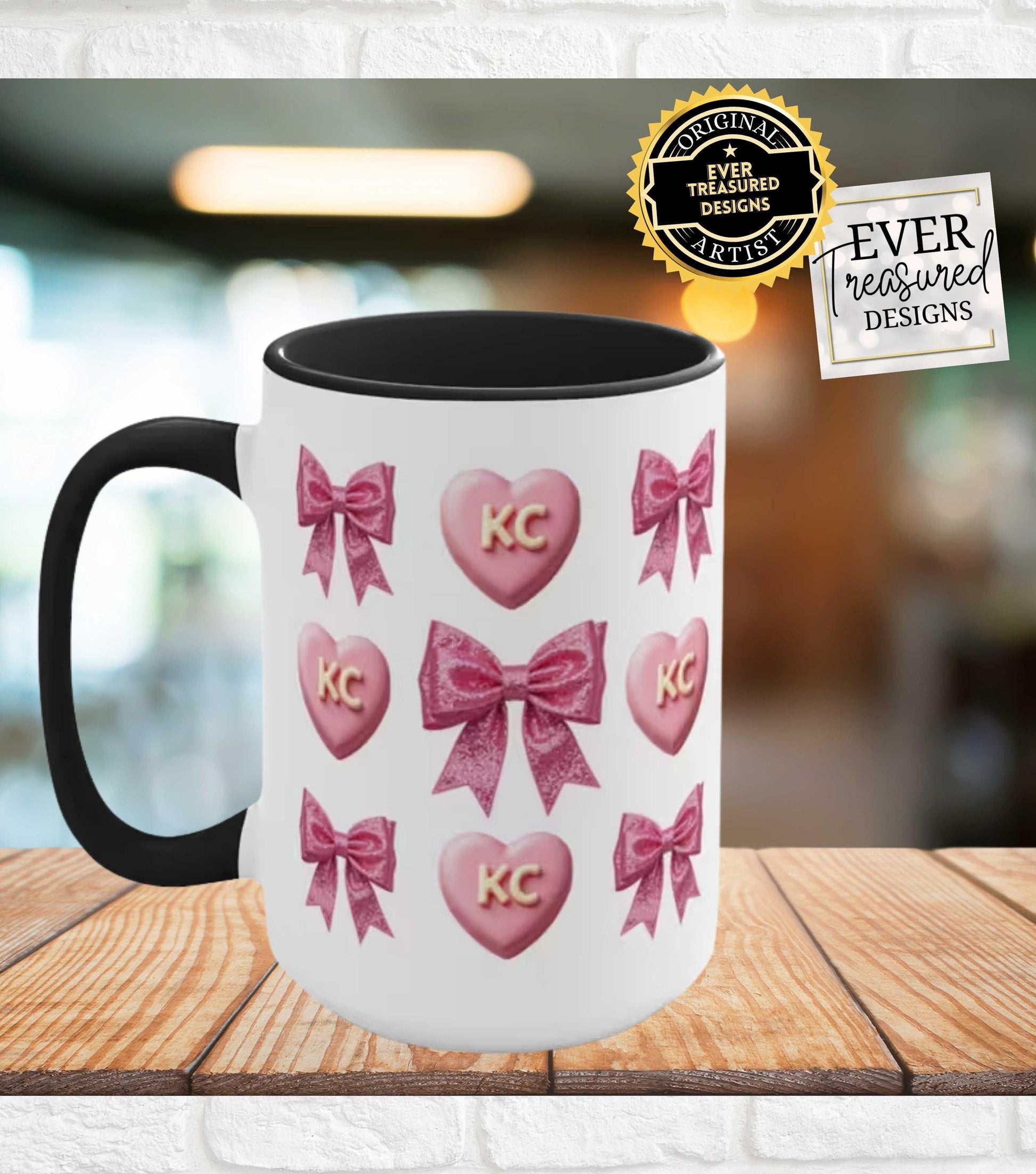 Pink Hearts and Bows Mug, KC Print Coffee Cup, Cute Girly Gift Idea, Valentines Day Present, Mug for Her, Unique Artistic Design
