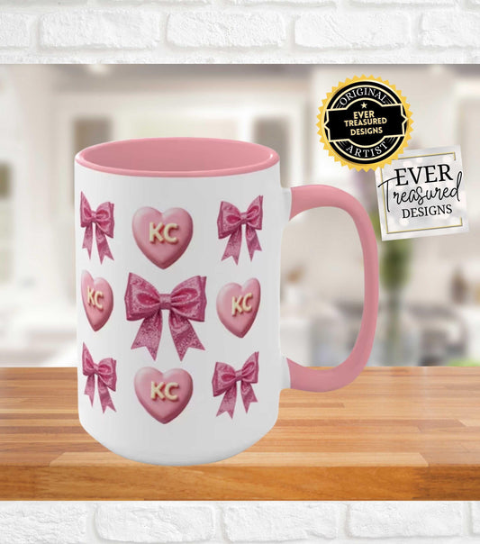 KC heart mug, pink heart and bow mug, cute coffee mug, adorable cup, unique gift idea, fun drinkware, girly mug, novelty mug