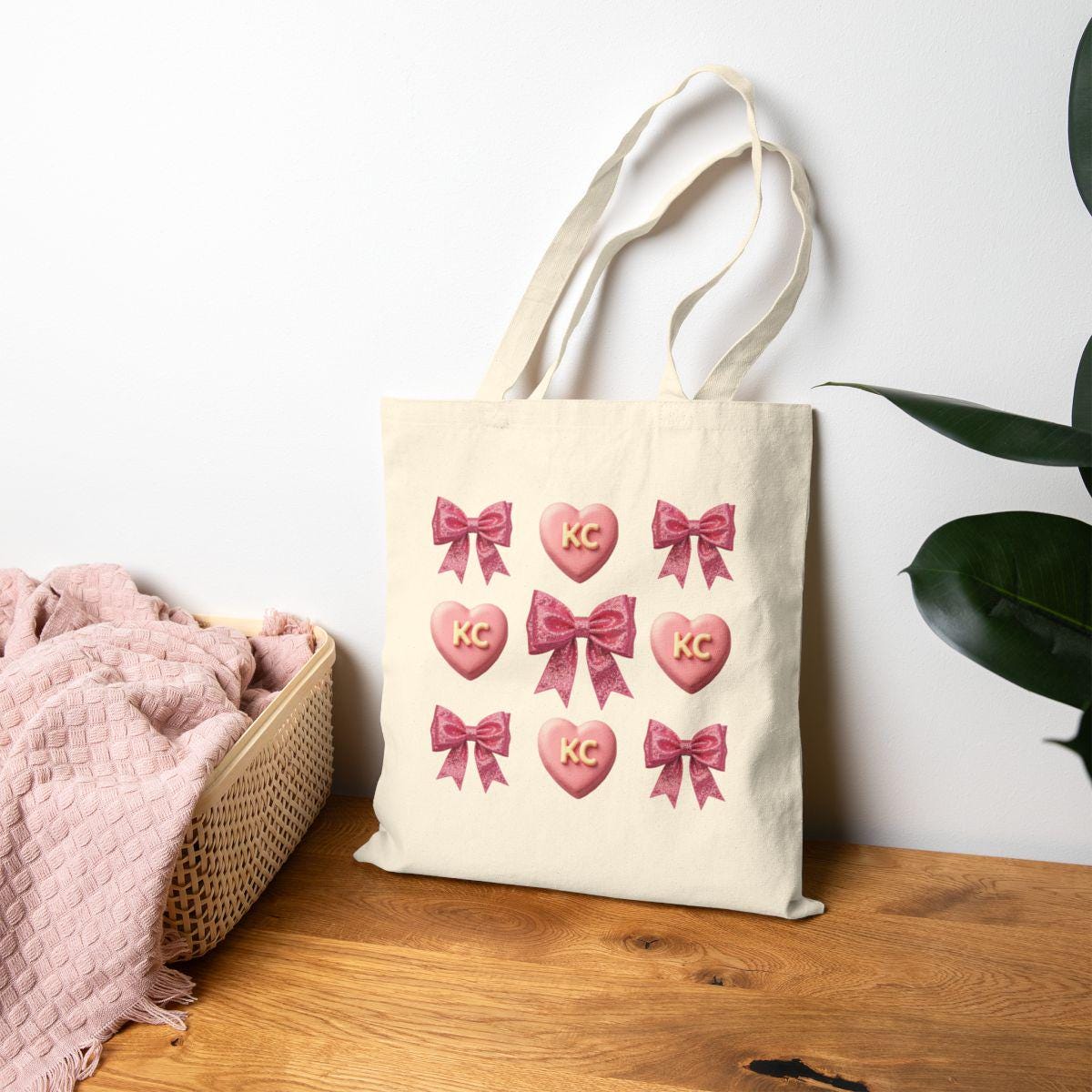 Cute Tote Bag with Pink Heart and Bow Design, Reusable Shopping Bag, Eco-Friendly Bag, Gift for Her, KC Hearts Tote, Pink Bow Bag