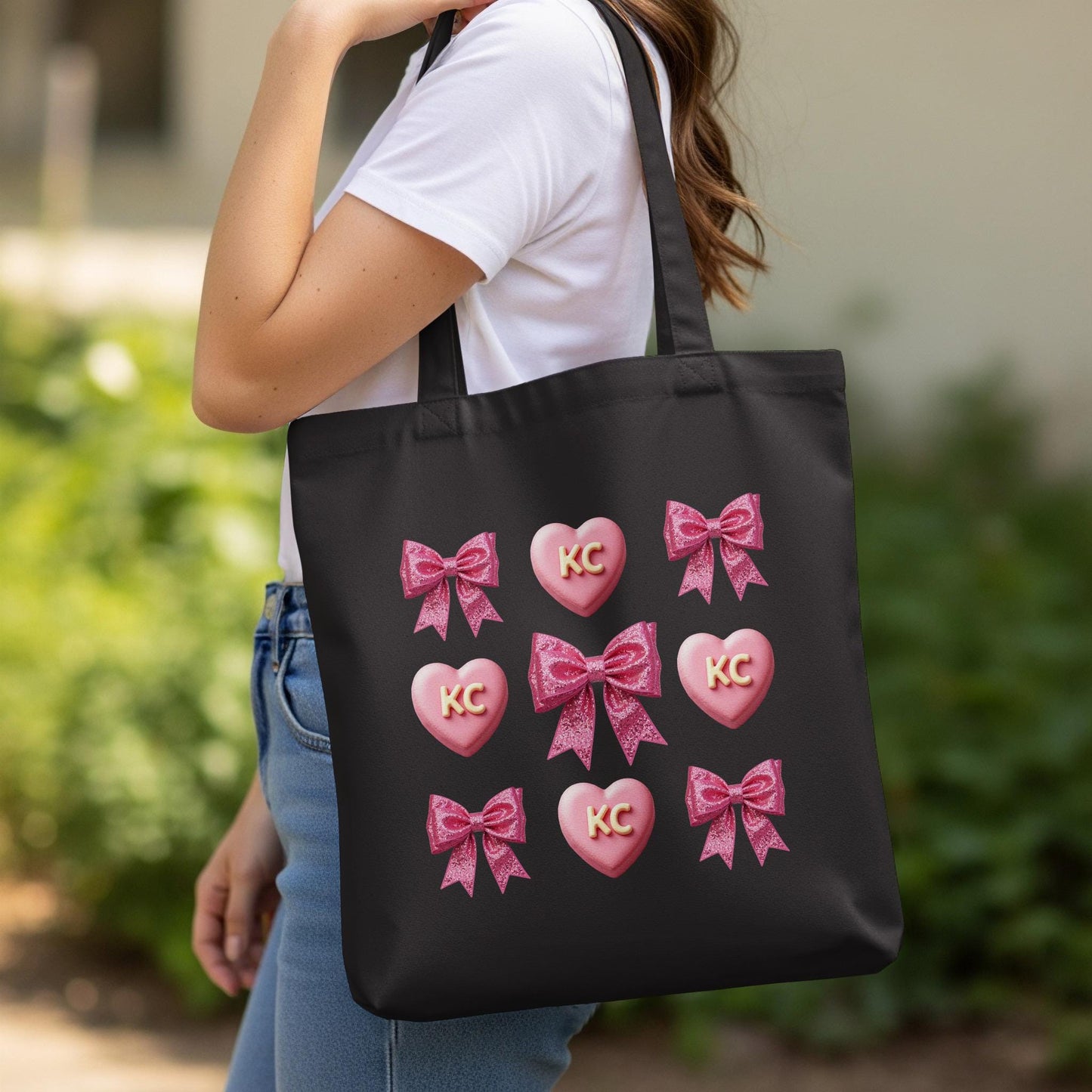 KC Heart and Bow Tote Bag, Black Canvas Tote Bag, Cute Tote Bag, Pink Heart Tote, Reusable Shopping Bag, Stylish Gift for Her