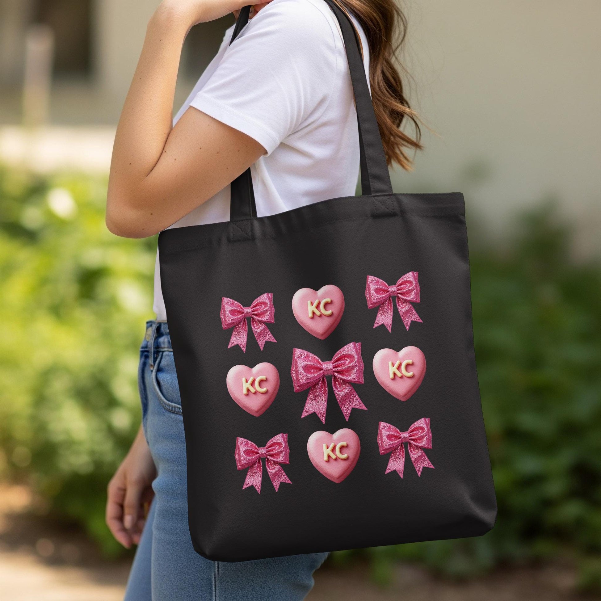 KC Heart and Bow Tote Bag, Black Canvas Tote Bag, Cute Tote Bag, Pink Heart Tote, Reusable Shopping Bag, Stylish Gift for Her