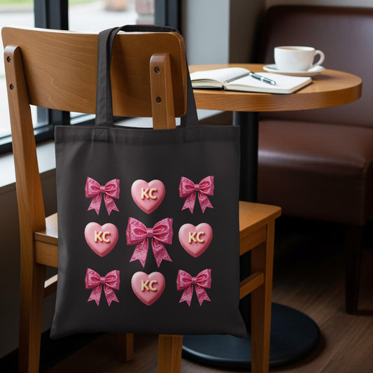 Pink Hearts and Bows Design Tote Bag, Cute Love KC Heart Pattern, Reusable Shopping Bag, Black Canvas with Pink Details