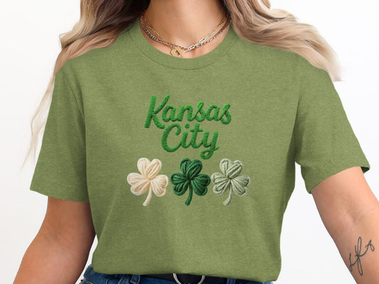 Kansas City shamrock T-shirt, Kansas City March 17 graphic tee, St. Patricks Day style, Kansas City green clover apparel, KC parade shirt