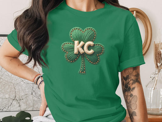 Embroidered Shamrock KC Shirt, Clover Leaf Tee for St. Patrick's Day, Green Graphic T-Shirt, Lucky Outfit Top, Irish Pride Apparel